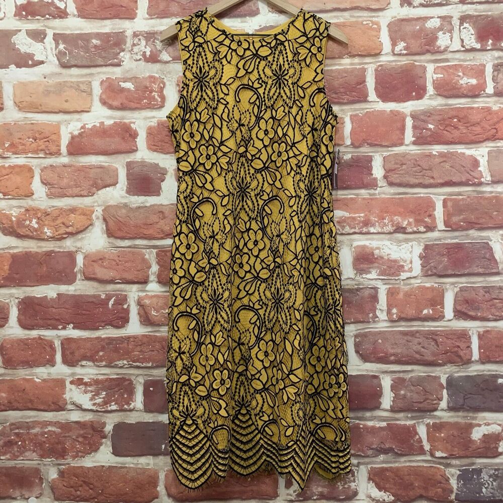 Sharagano Dress Women's Size 12 Yellow Black Embroidered Floral Scalloped Zip Up